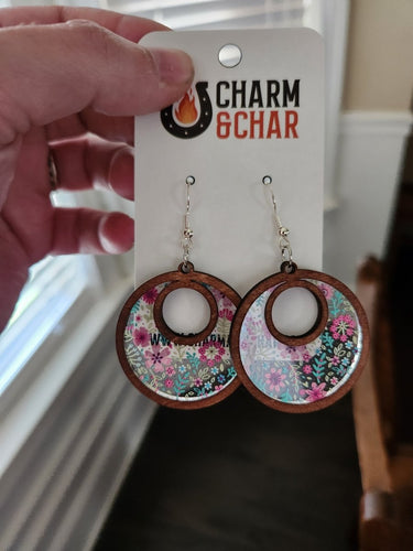 Boho Bloom Floral Hoop Earrings – Wood & Acrylic Inlay - Dangle Earring - Charm and Char